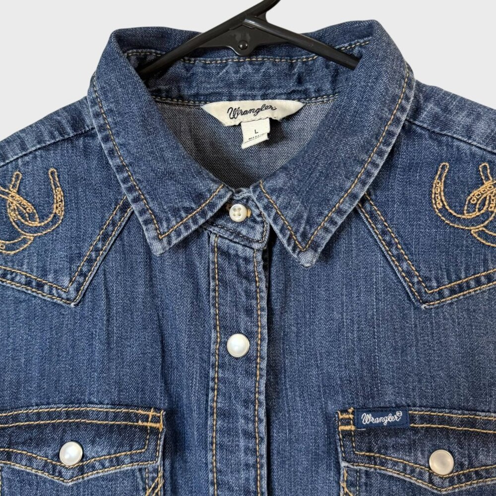 Wrangler Embroidered Denim Shirt Blue Girls Large Western Pearl-Snap Rodeo NEW - Picture 5 of 15